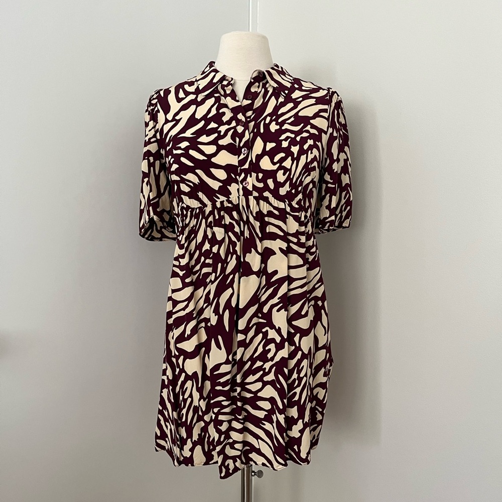 Bordeaux Brown and Red Puff Sleeve Shirt Dress